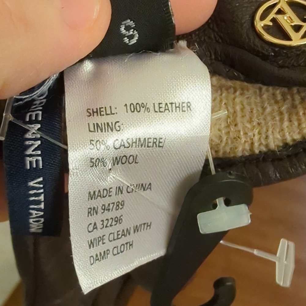 Adrienne Vittadini | Women's Leather Gloves with Gold Logo Accent - Dark Brown - Picture 2 of 2